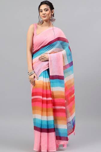 Pink linen printed saree with blouse
