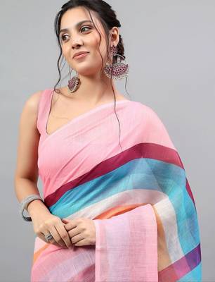 Pink linen printed saree with blouse 2