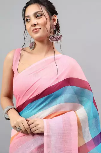 Pink linen printed saree with blouse