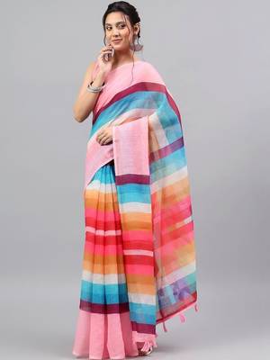 Pink linen printed saree with blouse 3