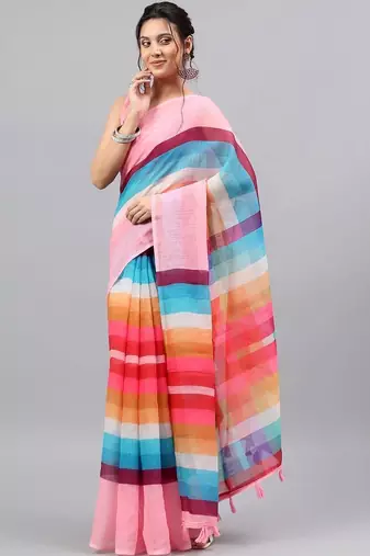 Pink linen printed saree with blouse