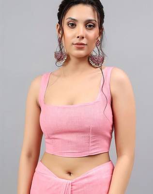Pink linen printed saree with blouse 4