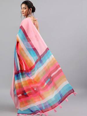 Pink linen printed saree with blouse 5