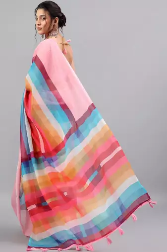 Pink linen printed saree with blouse