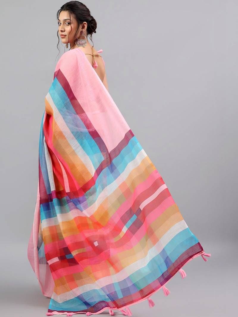 Pink linen printed saree with blouse