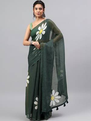 Green linen printed saree with blouse 1