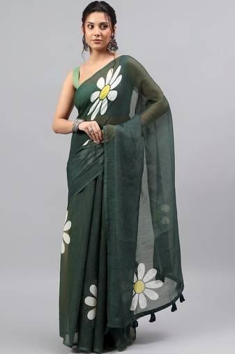 Green linen printed saree with blouse