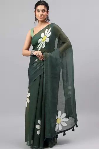 Green linen printed saree with blouse