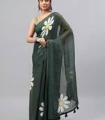 Green linen printed saree with blouse