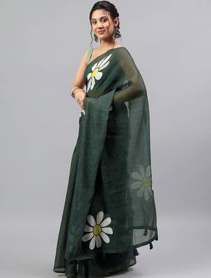 Green linen printed saree with blouse 2