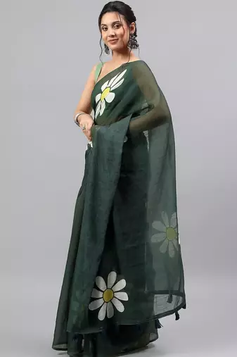 Green linen printed saree with blouse