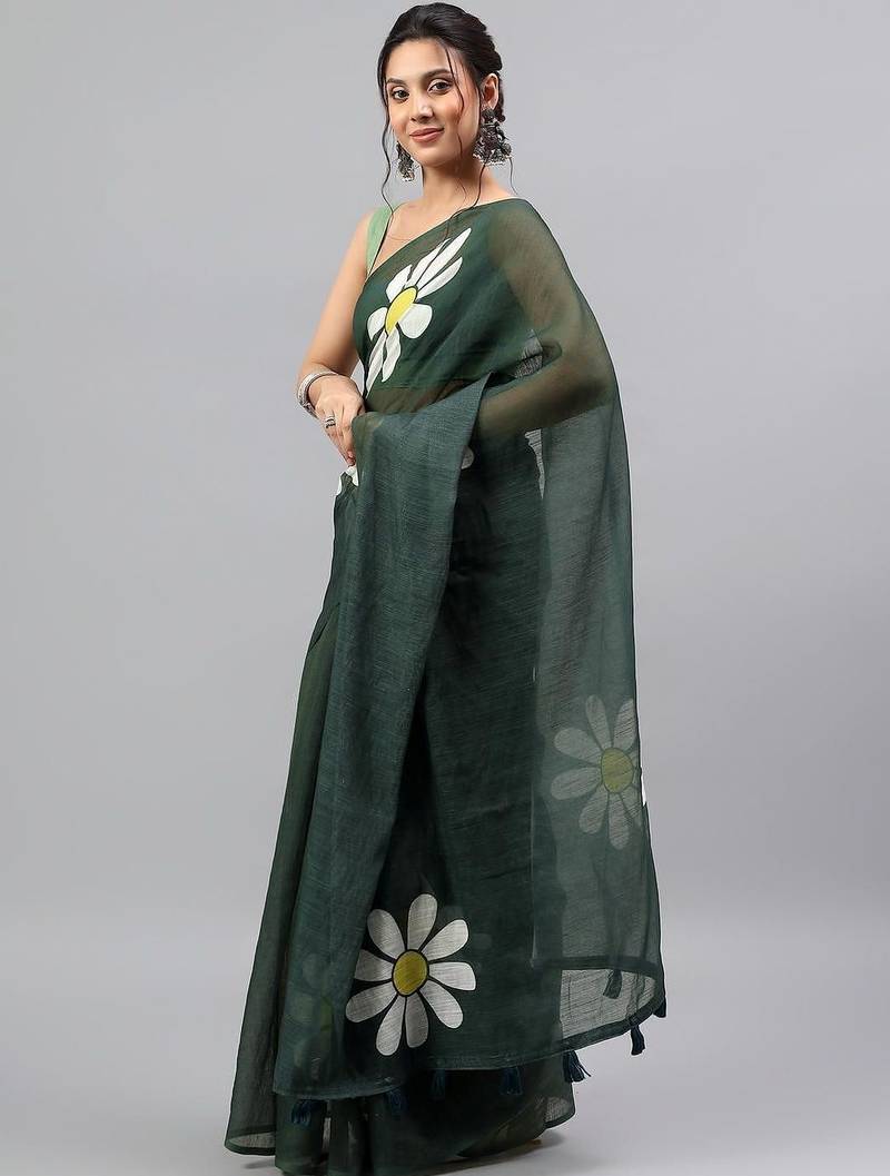 Green linen printed saree with blouse