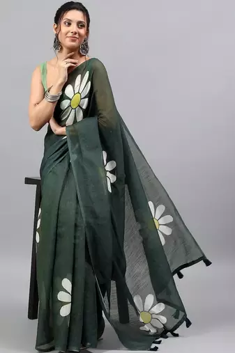 Green linen printed saree with blouse