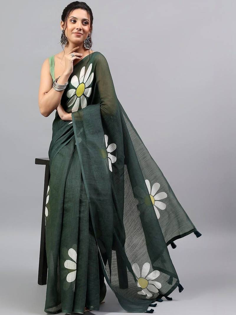 Green linen printed saree with blouse
