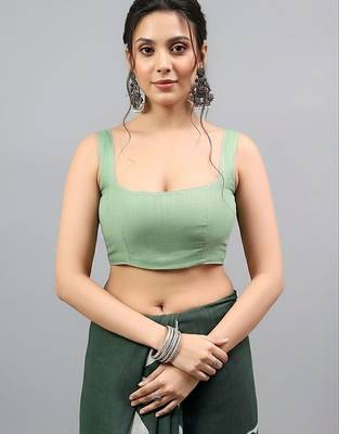 Green linen printed saree with blouse 4