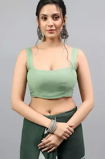 Green linen printed saree with blouse