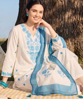 Women Ethnic Motifs Embroidered Regular Thread Work Kurta with Palazzos & With Dupatta 5