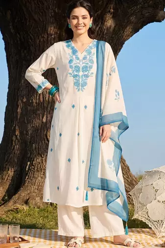 Women Ethnic Motifs Embroidered Regular Thread Work Kurta with Palazzos & With Dupatta