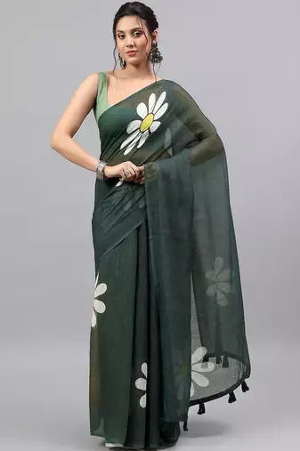 Green linen printed saree with blouse