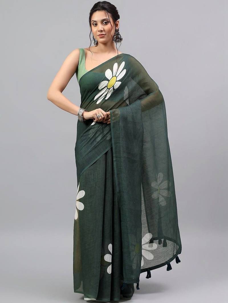 Green linen printed saree with blouse