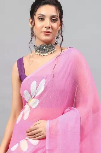 Pink linen printed saree with blouse