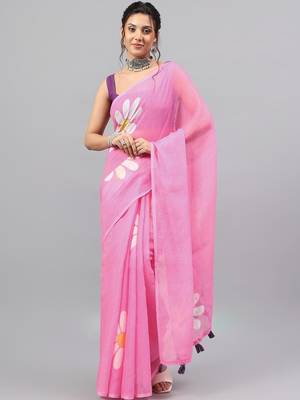 Pink linen printed saree with blouse 2