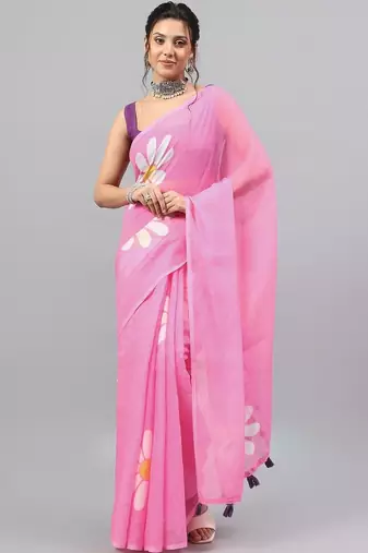 Pink linen printed saree with blouse