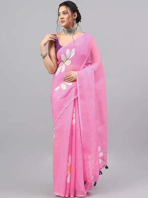 Pink linen printed saree with blouse 3