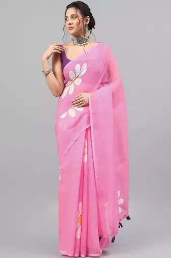 Pink linen printed saree with blouse