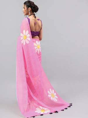 Pink linen printed saree with blouse 5