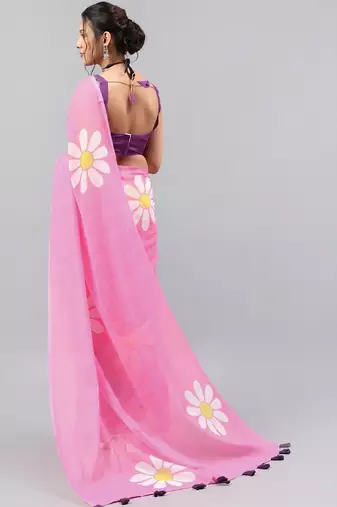 Pink linen printed saree with blouse