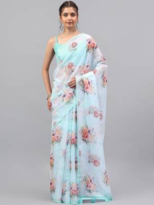 Turquoise organza printed saree with blouse 1