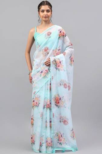 Turquoise organza printed saree with blouse