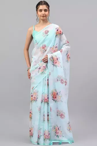 Turquoise organza printed saree with blouse