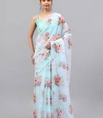 Turquoise organza printed saree with blouse