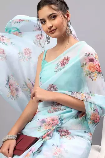 Turquoise organza printed saree with blouse