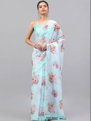 Turquoise organza printed saree with blouse 3
