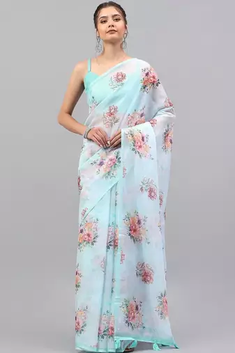 Turquoise organza printed saree with blouse