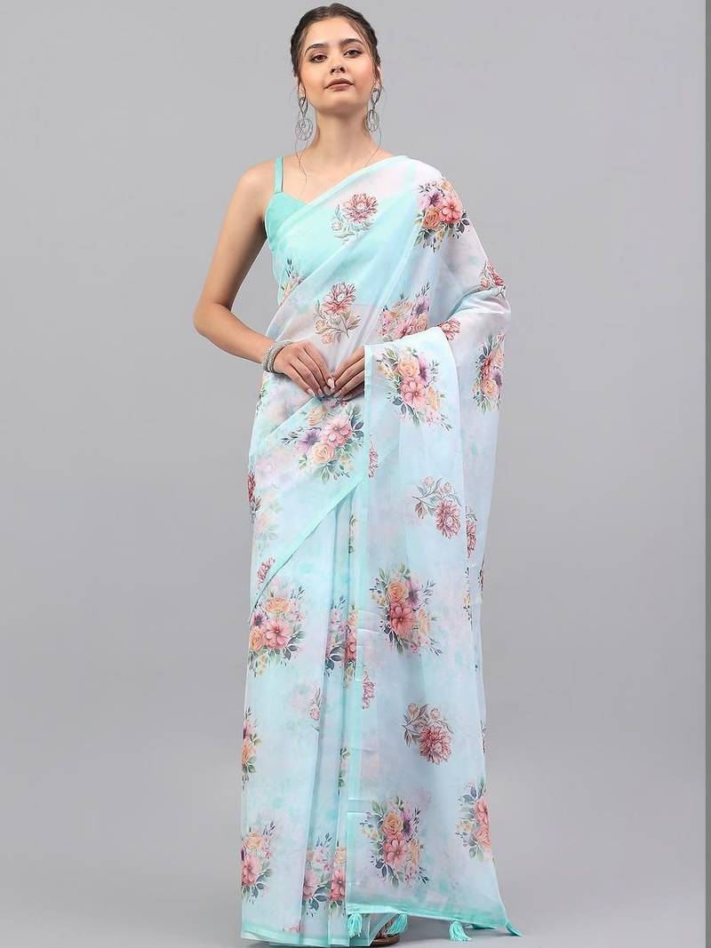 Turquoise organza printed saree with blouse
