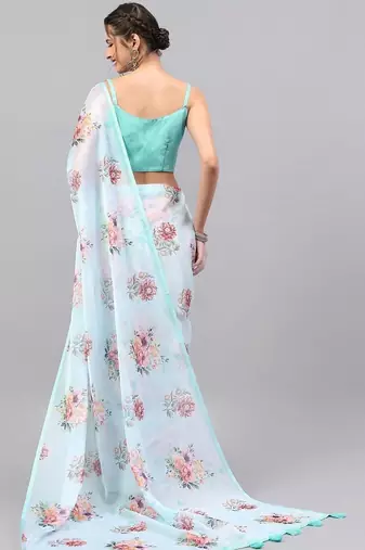 Turquoise organza printed saree with blouse