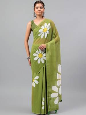 Olive pure georgette printed saree with blouse 1