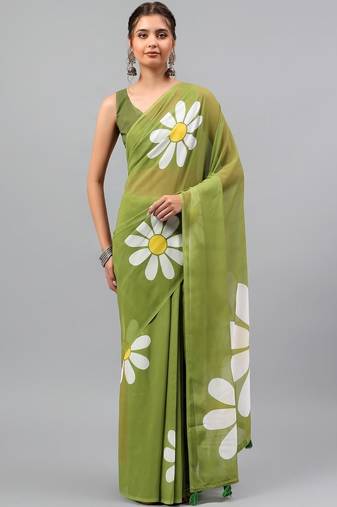 Olive pure georgette printed saree with blouse
