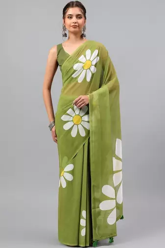 Olive pure georgette printed saree with blouse
