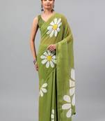 Olive pure georgette printed saree with blouse