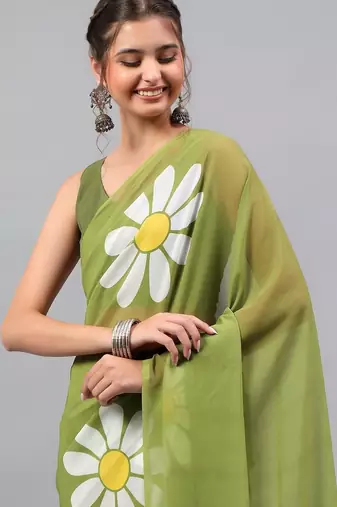 Olive pure georgette printed saree with blouse