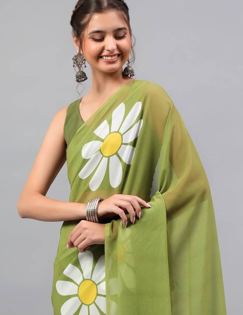 Olive pure georgette printed saree with blouse