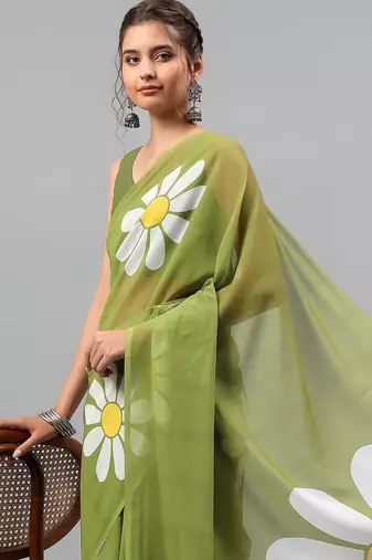 Olive pure georgette printed saree with blouse