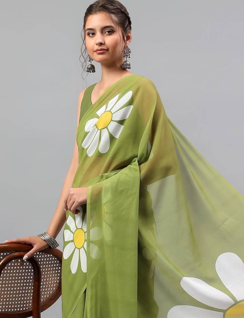 Olive pure georgette printed saree with blouse