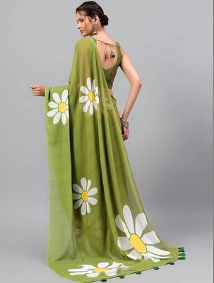 Olive pure georgette printed saree with blouse 4