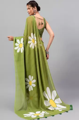 Olive pure georgette printed saree with blouse